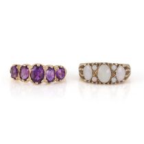 A 9ct gold opal ring and a five stone amethyst ring,