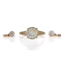 A 9ct gold diamond cluster ring and two small diamond cluster pendants,