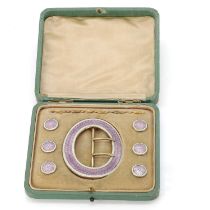 A silver gilt guilloché enamel buckle and buttons set, by John Aitken & Son,