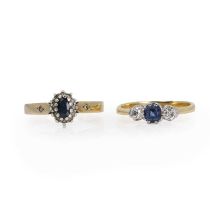 Two gold sapphire and diamond rings,