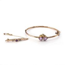 An antique gold amethyst and split pearl bangle and bar brooch,