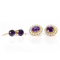 Two pairs of gold amethyst screw back earrings,