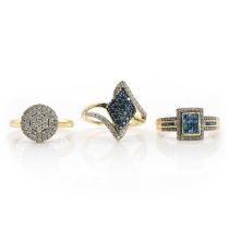 Three 9ct gold diamond cluster rings,