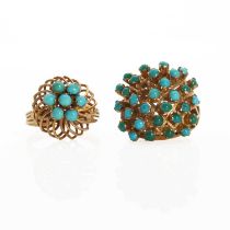 Two gold turquoise set rings,