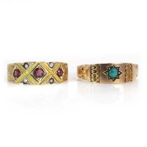 Two antique gold gem set rings,