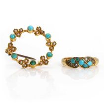 A Victorian gold turquoise and split pearl ring and brooch,