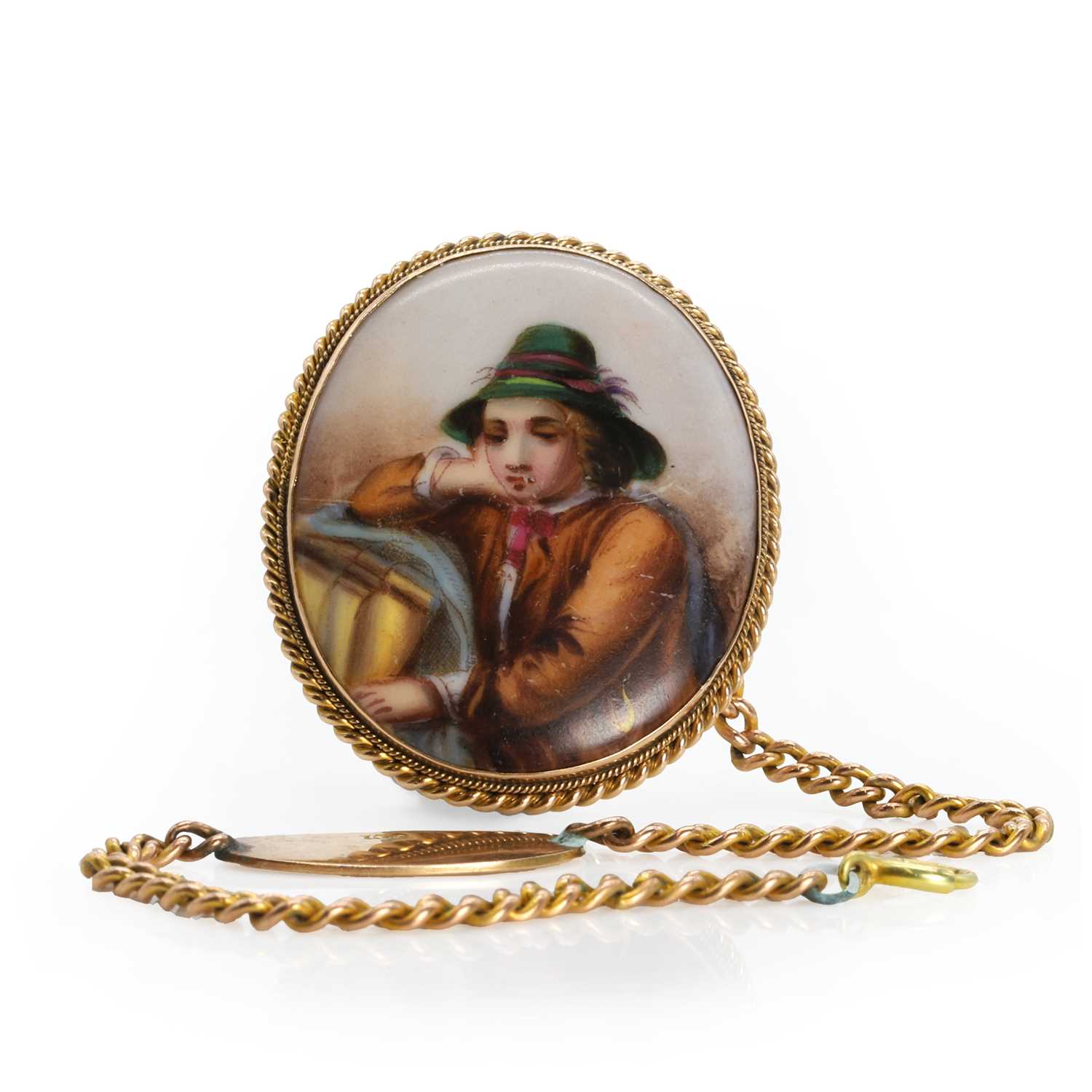 A gold ceramic portrait miniature brooch and gold identity bracelet, - Image 2 of 3