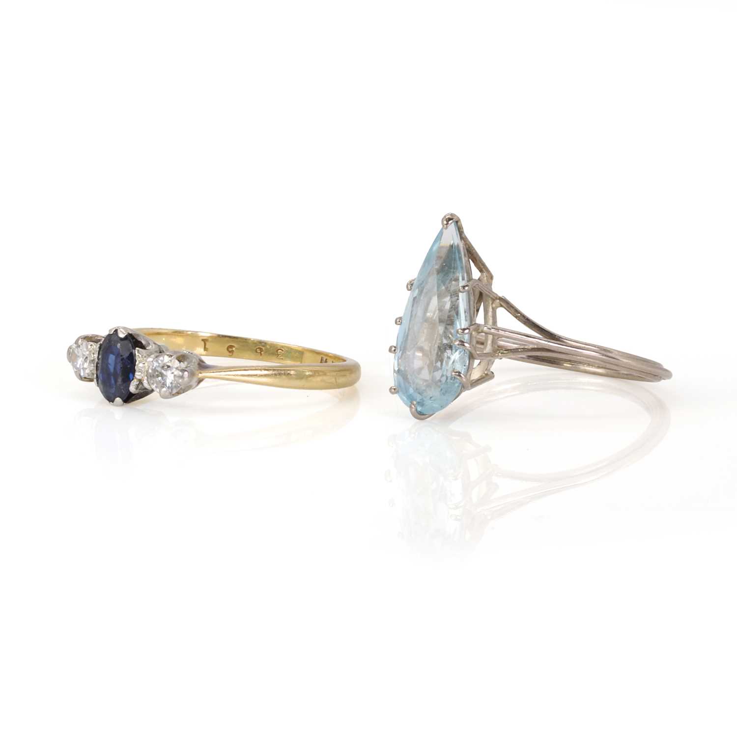 A white gold aquamarine ring and a gold sapphire and diamond ring, - Image 2 of 3