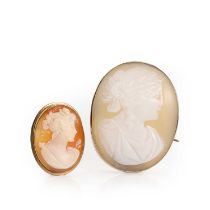 Two gold shell cameo brooches,