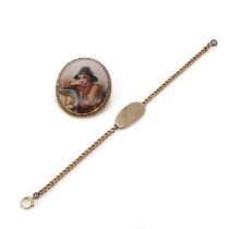 A gold ceramic portrait miniature brooch and gold identity bracelet,