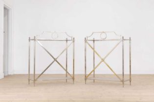 A pair of modernist metal and glass console tables,