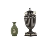 A Wedgwood black basalt jasperware twin handled urn and cover