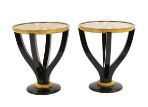Two Art Deco style burrwood and ebonised inlaid side tables,