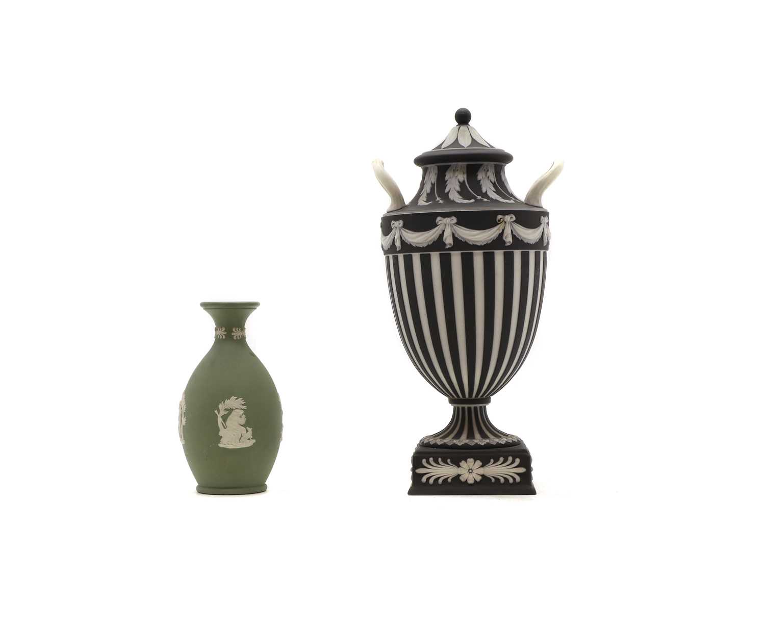 A Wedgwood black basalt jasperware twin handled urn and cover - Image 2 of 4