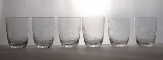 A group of six Rowland Ward engraved 'Safari' glass tumblers