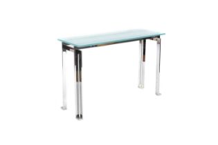 A chrome and glass console table,