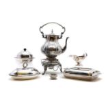 A Victorian silver-plated tea kettle on stand,