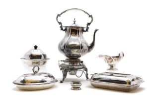 A Victorian silver-plated tea kettle on stand,