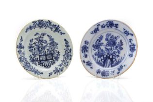 Two English Delft blue and white pottery plates,