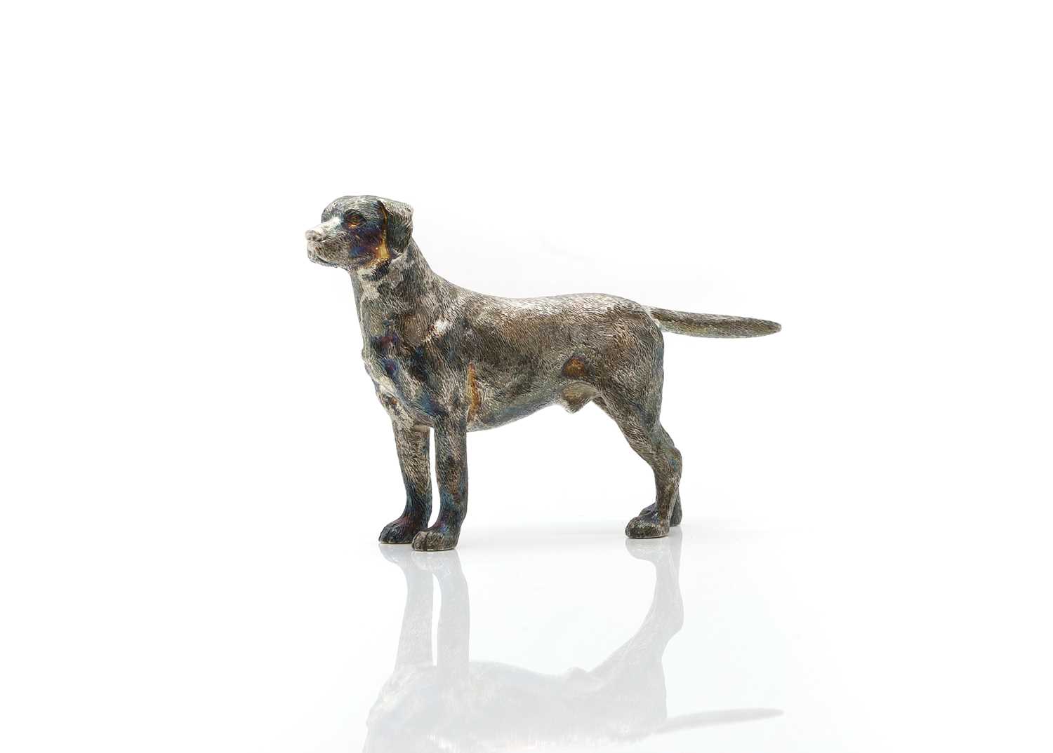 A cast silver model of a labrador,