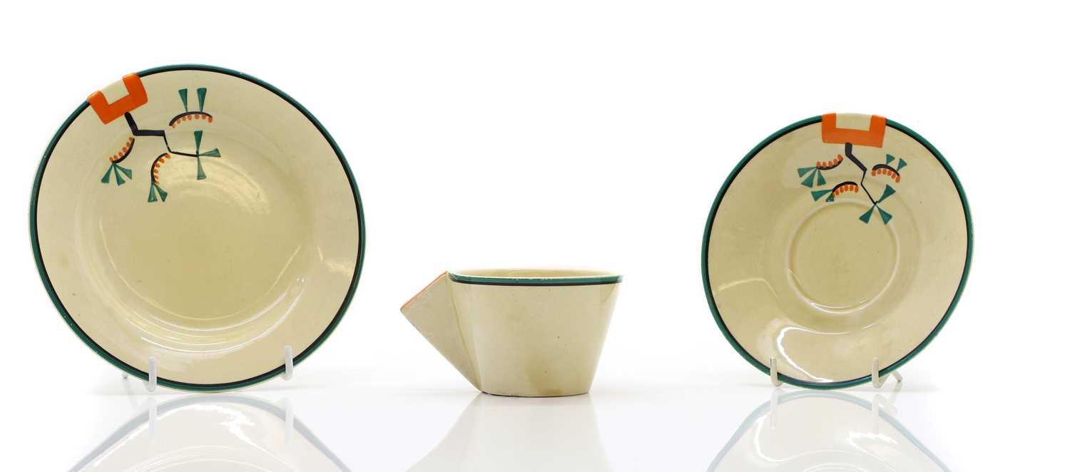 A Clarice Cliff pottery 'Ravel' pattern trio