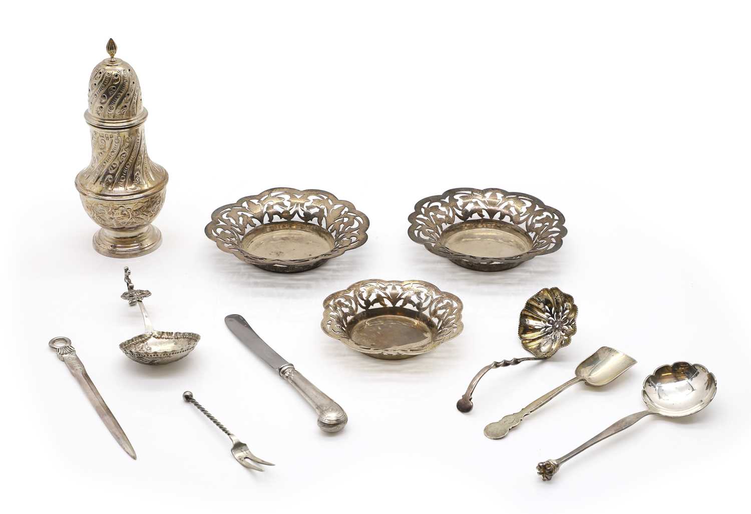 A collection of silver items,