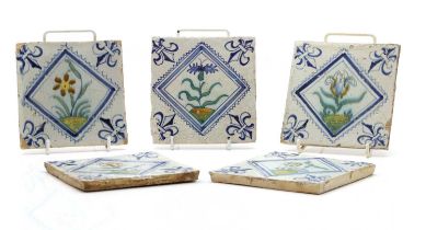 A set of five Delft pottery tiles,