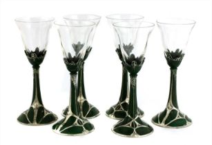 A set of six Art Nouveau-style wine glasses,