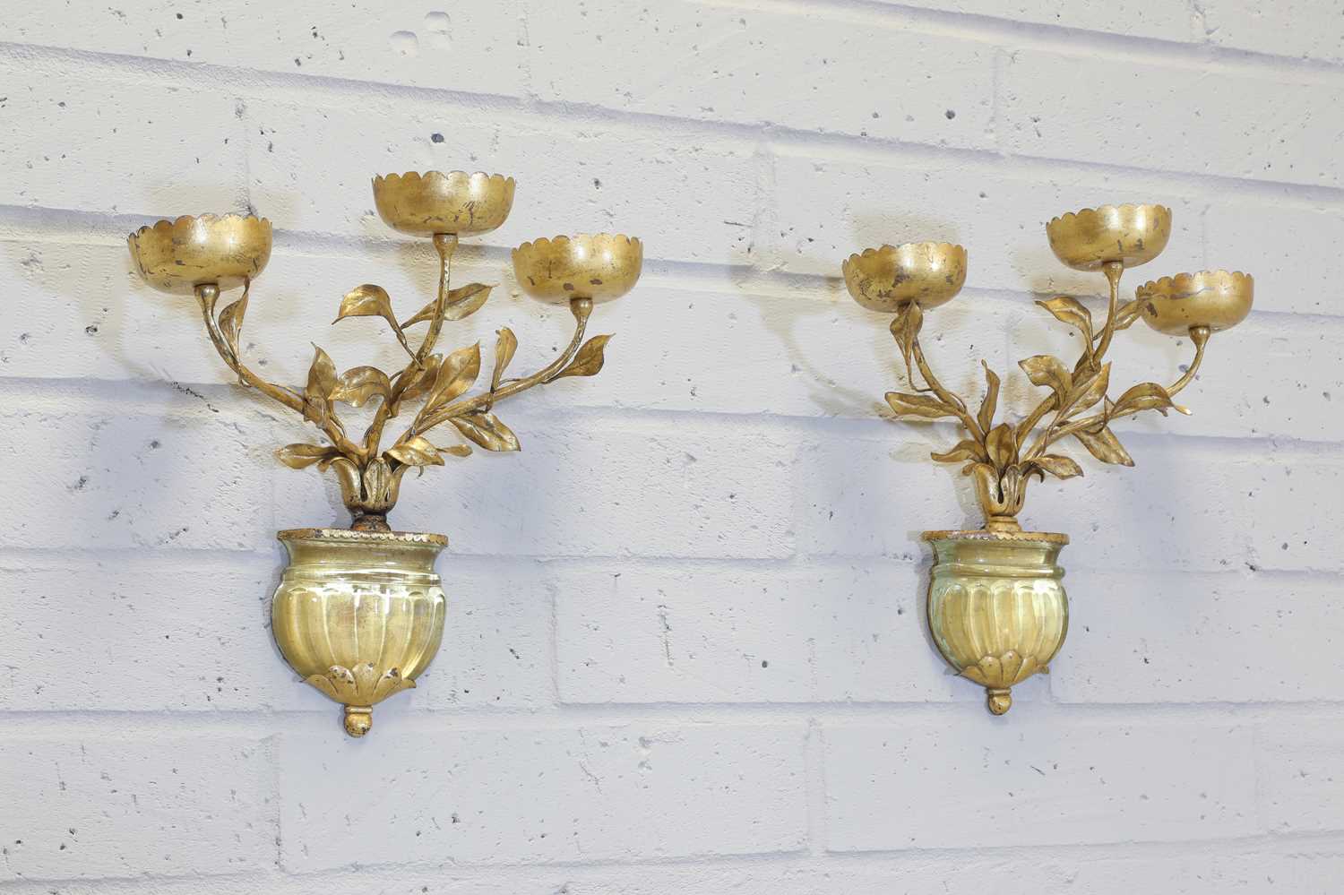 A pair of gold-painted three-branch wall lights, - Image 2 of 2