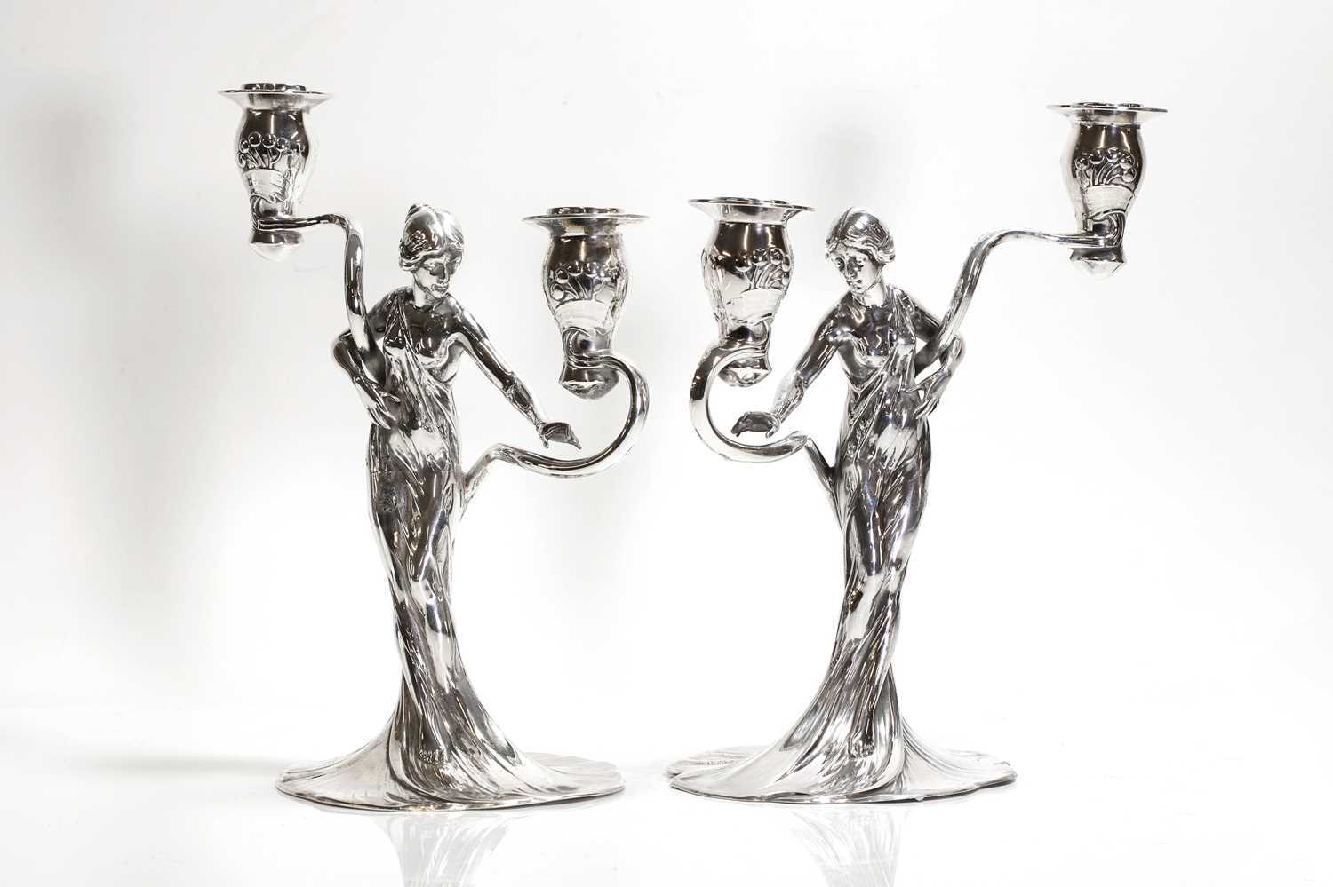 A pair of German Art Nouveau silvered-pewter candelabra, - Image 2 of 11
