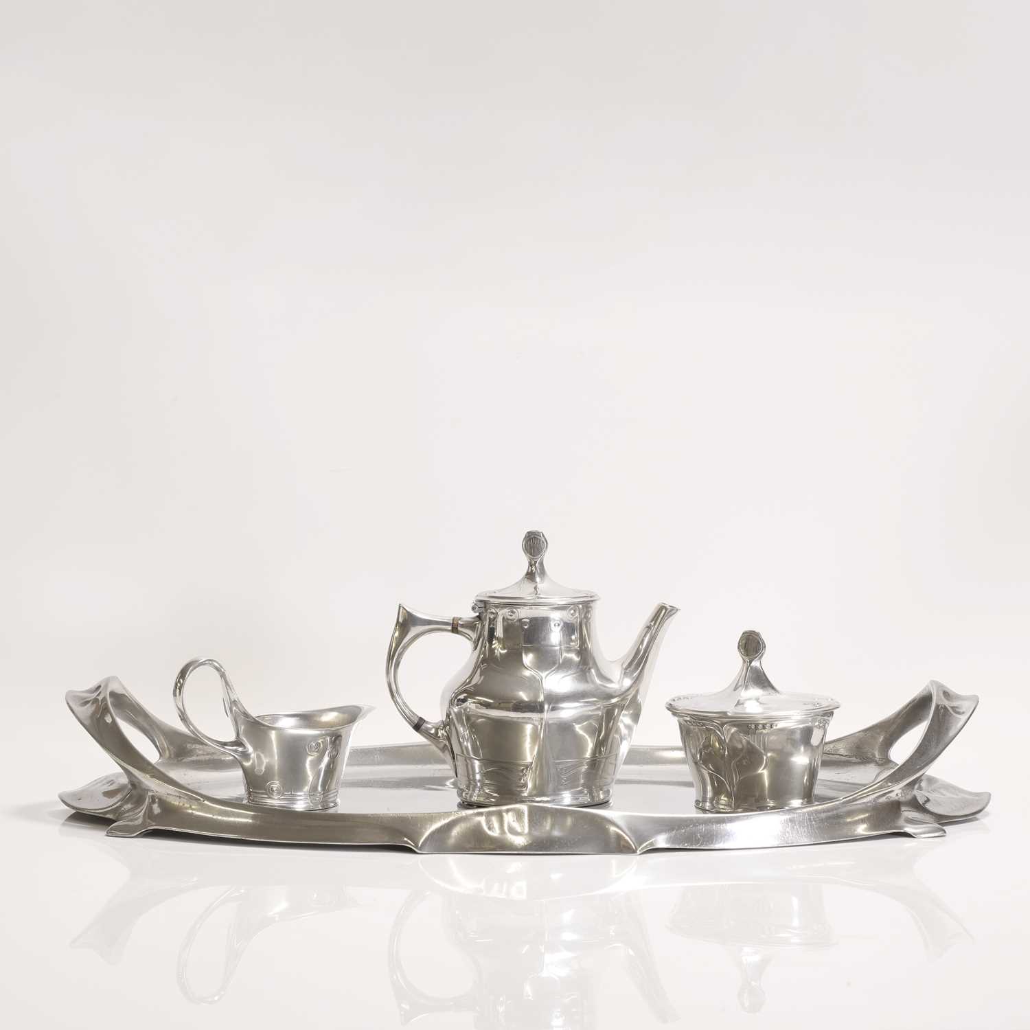 A German 'Model No. 4402' polished pewter tea set, - Image 3 of 6