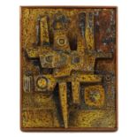 A brutalist patinated copper plaque,