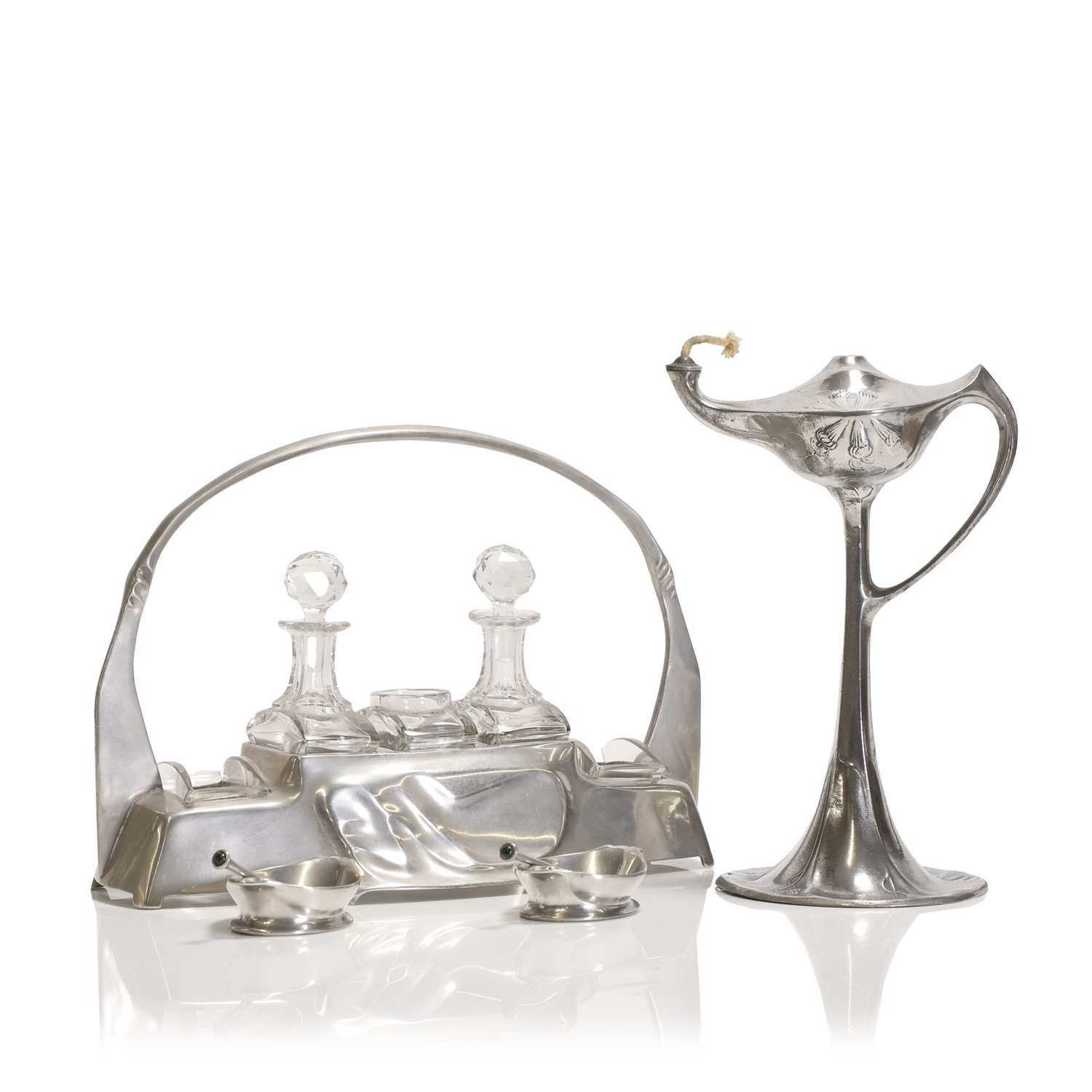 A German Kayserzinn 'Model No. 4538' cut-glass and pewter cruet set,