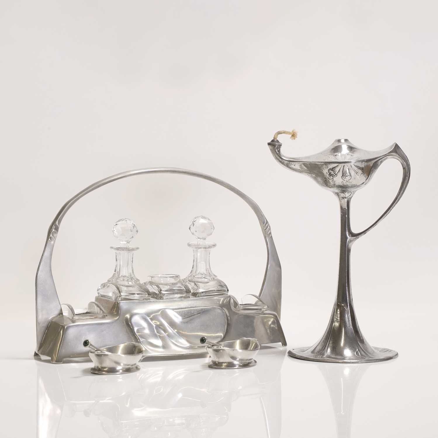 A German Kayserzinn 'Model No. 4538' cut-glass and pewter cruet set, - Image 2 of 5