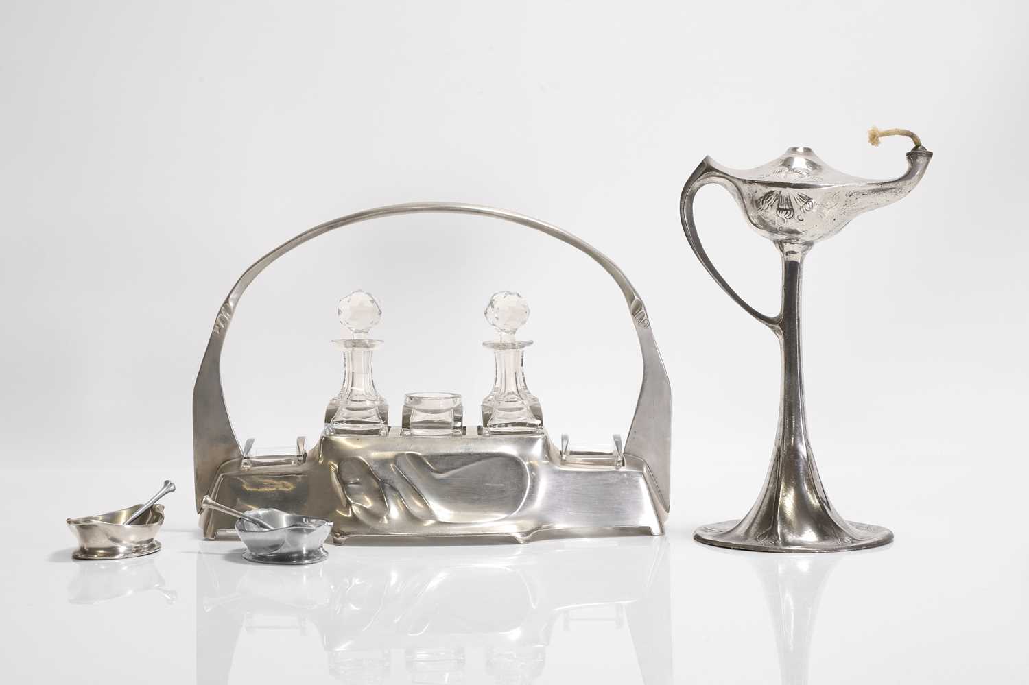 A German Kayserzinn 'Model No. 4538' cut-glass and pewter cruet set, - Image 3 of 5