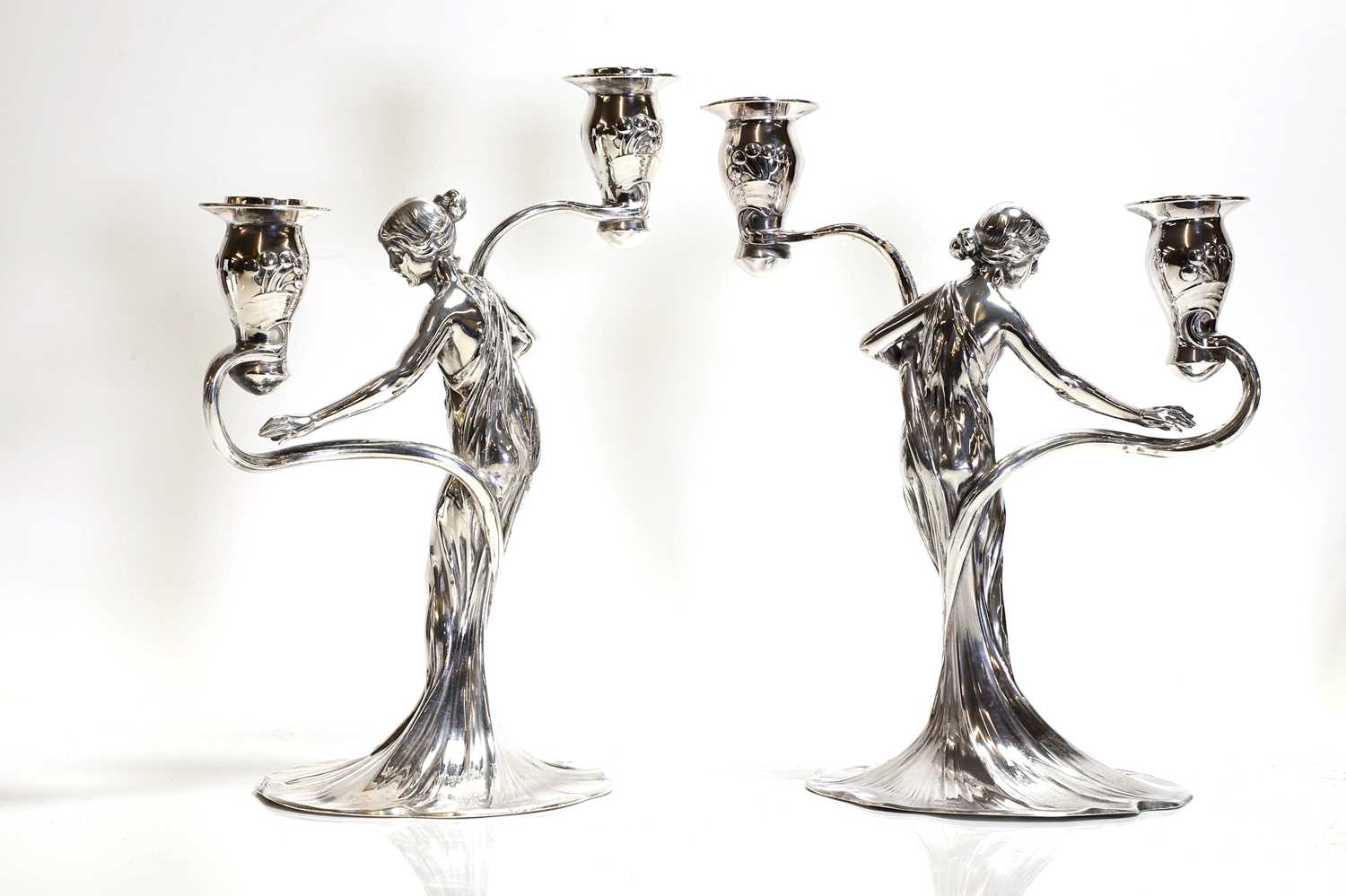 A pair of German Art Nouveau silvered-pewter candelabra, - Image 3 of 11