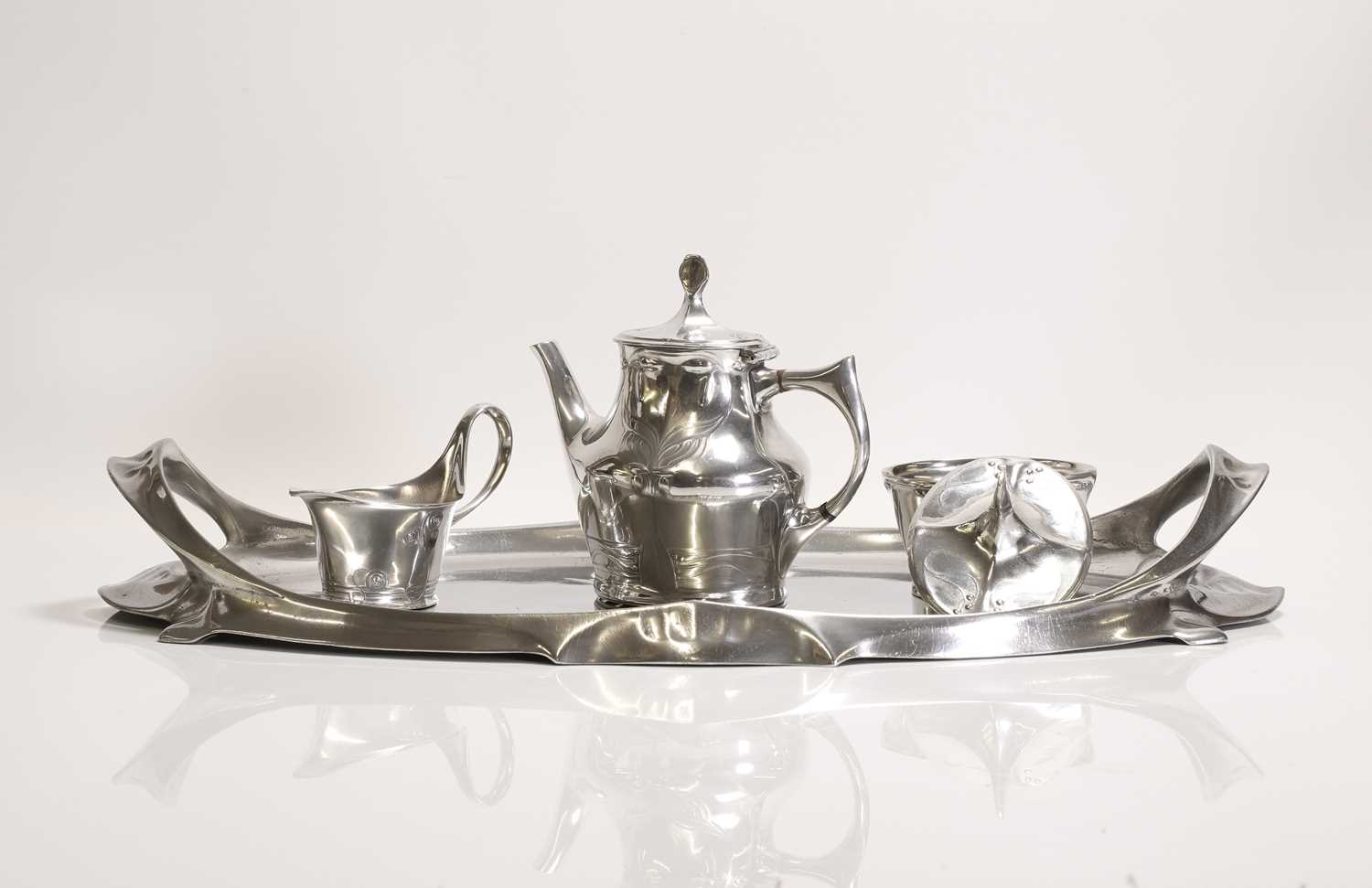 A German 'Model No. 4402' polished pewter tea set, - Image 2 of 6