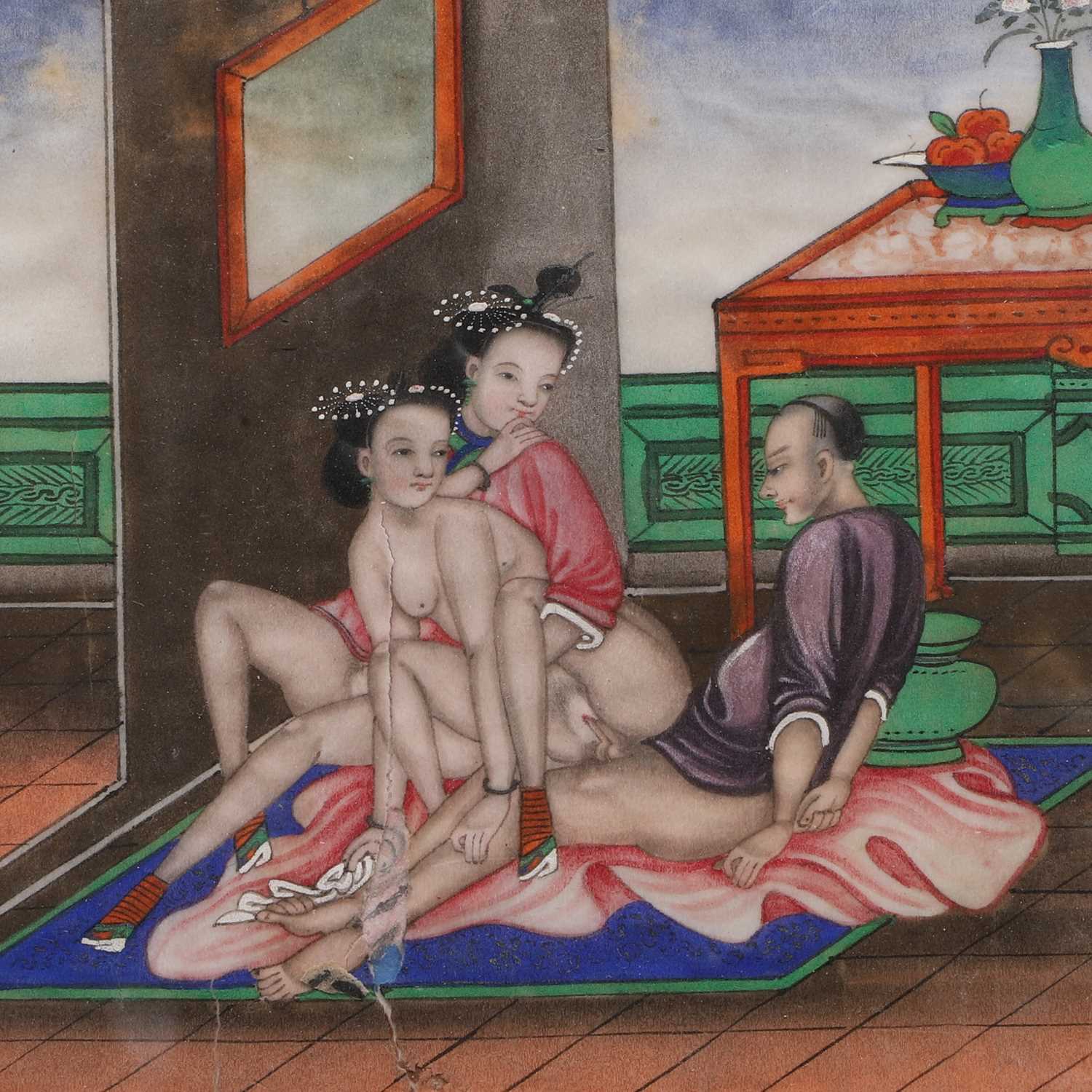Two Chinese erotic pith paper paintings, - Image 4 of 8
