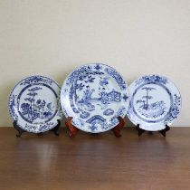 A collection of three Chinese blue and white chargers,