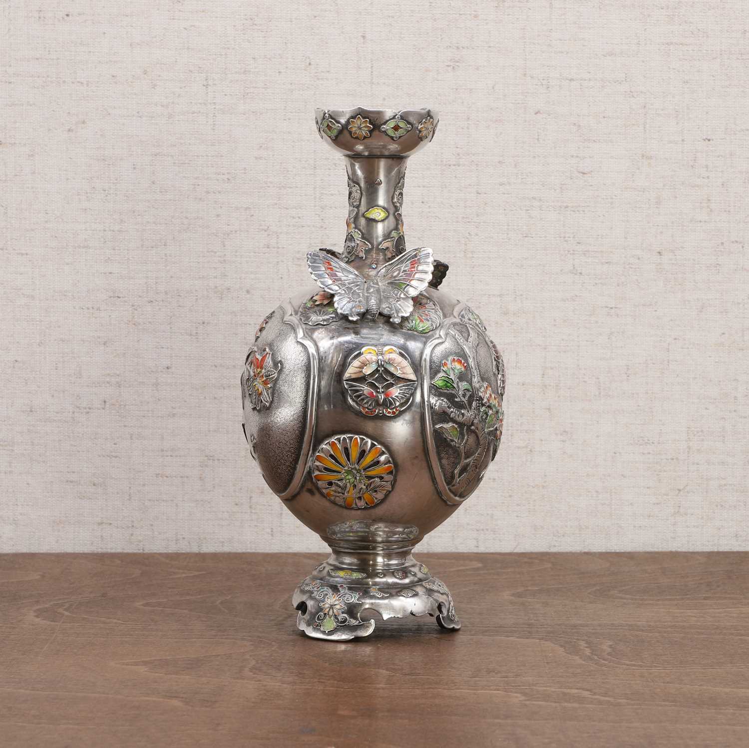 A Japanese inlaid-silver and cloisonné-enamelled vase, - Image 2 of 8