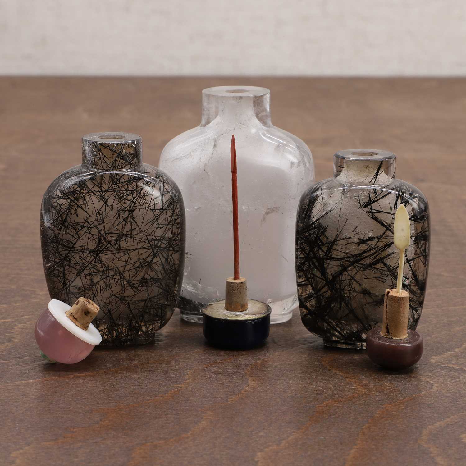 Three Chinese tourmalinated-quartz snuff bottles, - Image 7 of 7