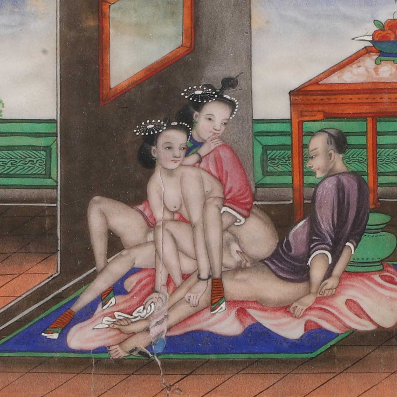 Two Chinese erotic pith paper paintings, - Image 3 of 8