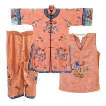 A Chinese silk dressing gown and pyjama set,