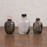 Three Chinese tourmalinated-quartz snuff bottles,