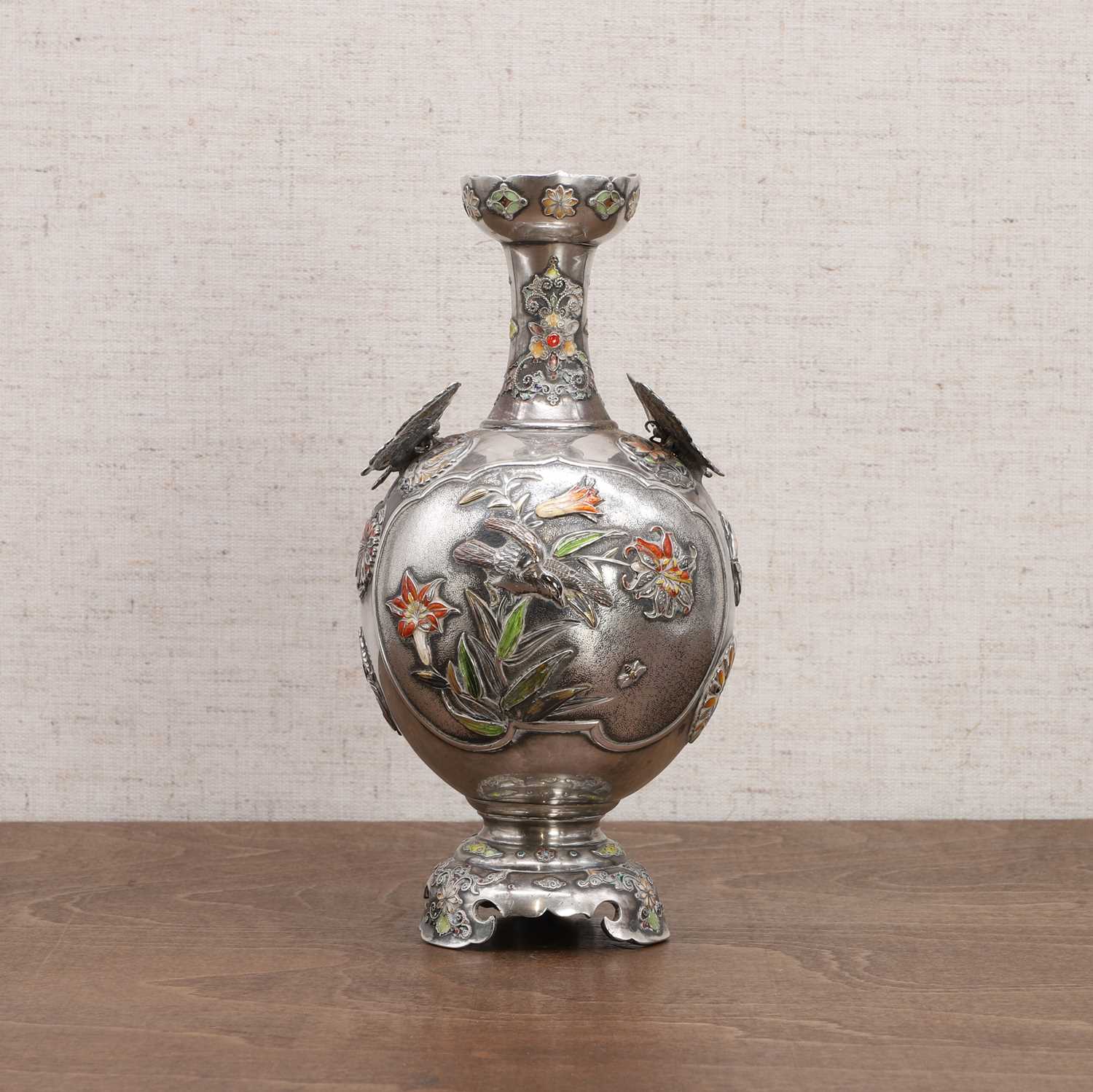 A Japanese inlaid-silver and cloisonné-enamelled vase, - Image 3 of 8