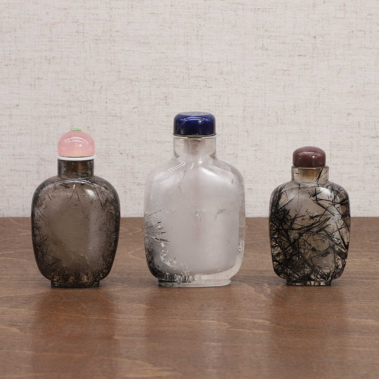 Three Chinese tourmalinated-quartz snuff bottles, - Image 3 of 7
