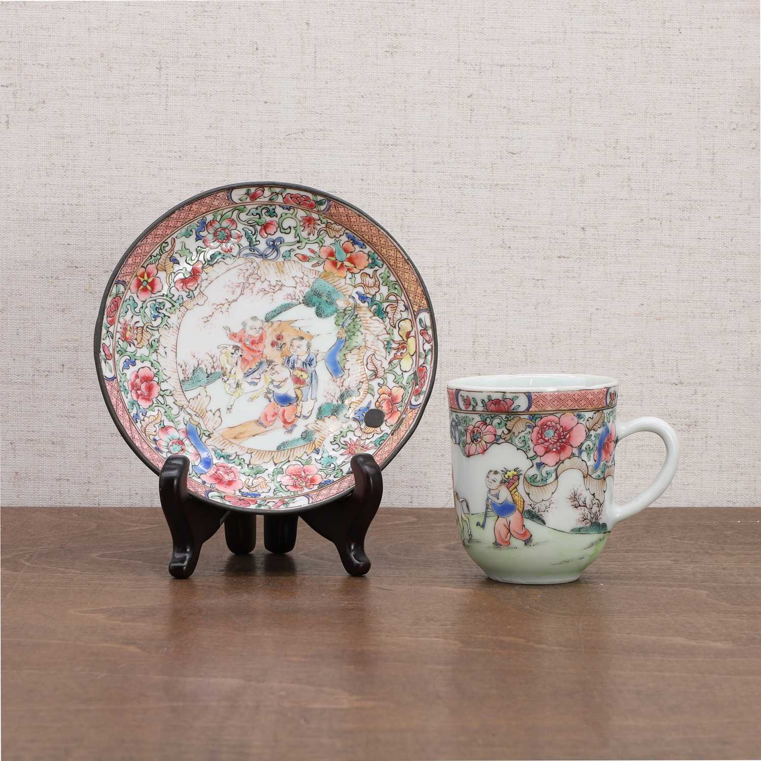 A Chinese export famille rose cup and saucer,