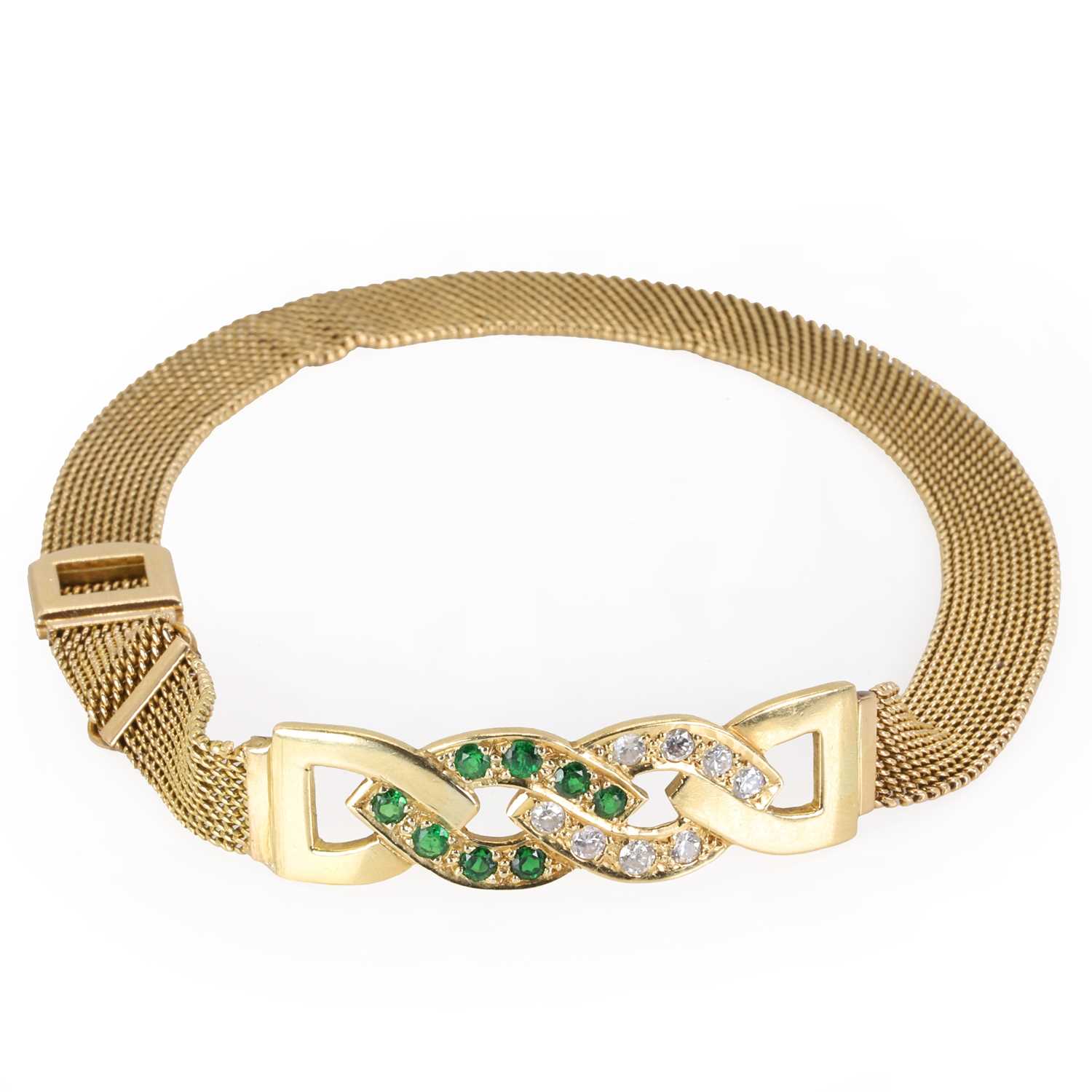 A gold diamond and emerald mesh link bracelet, - Image 3 of 3