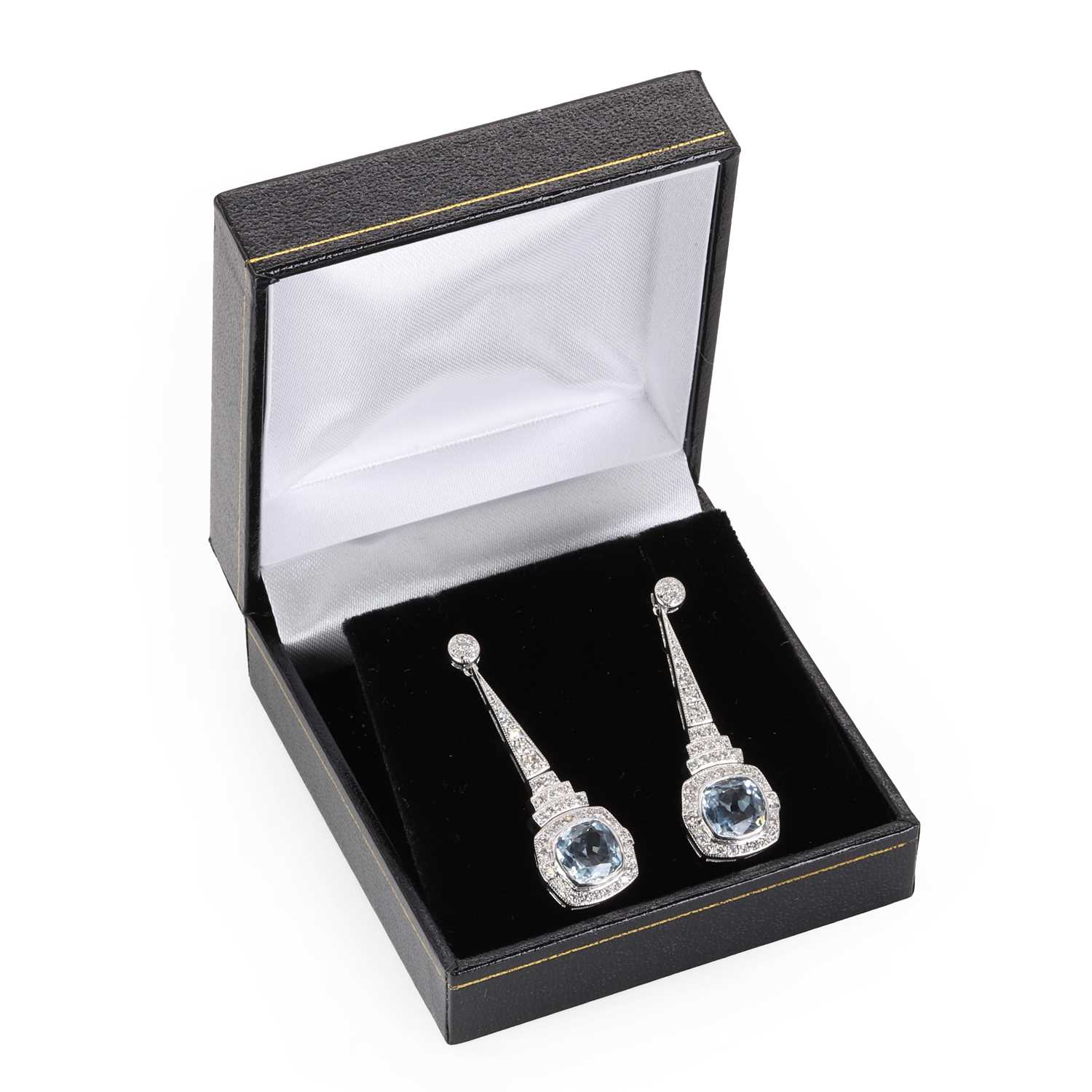 A pair of aquamarine and diamond long drop earrings, - Image 3 of 3