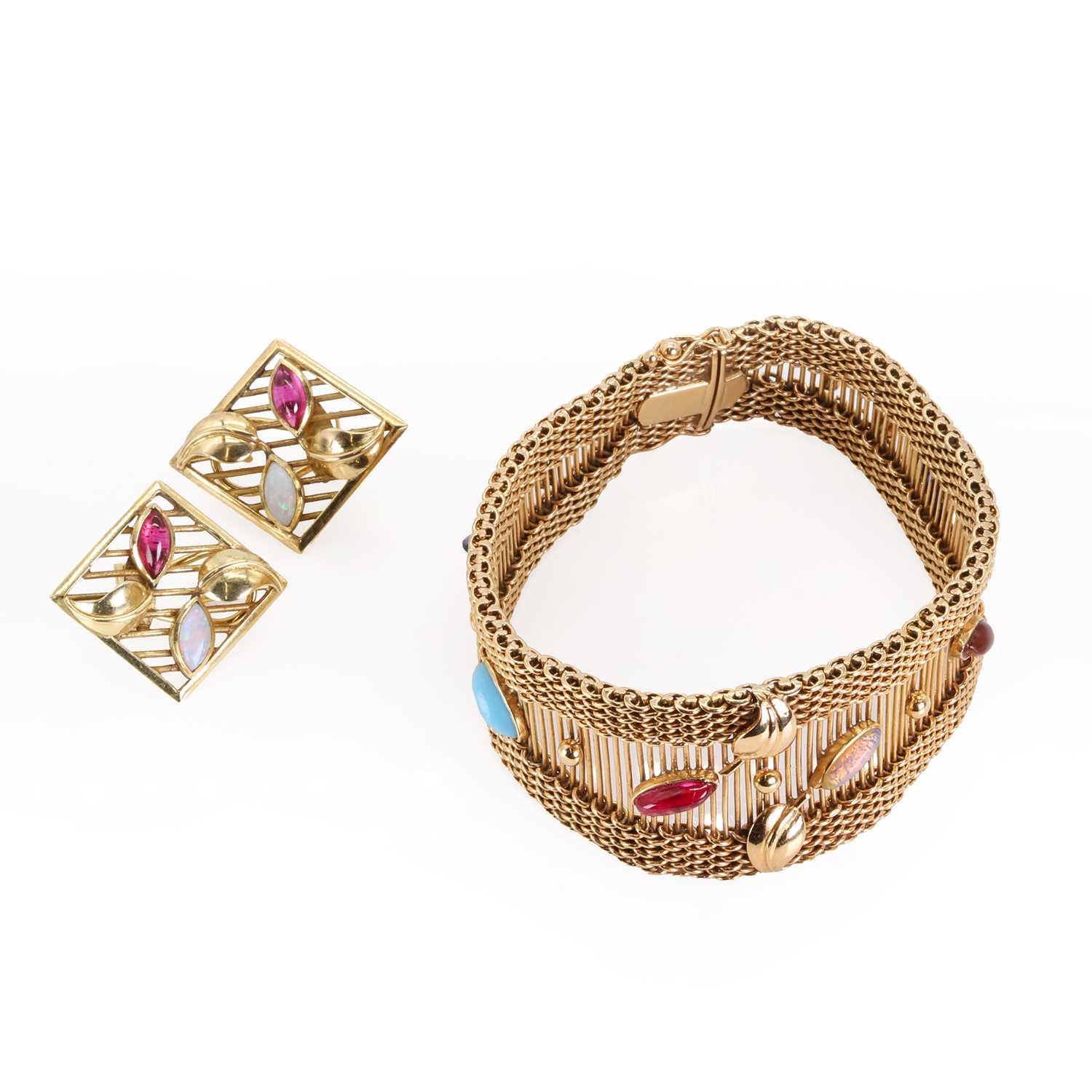 A gold gemstone set mesh bracelet and earring suite, - Image 2 of 6